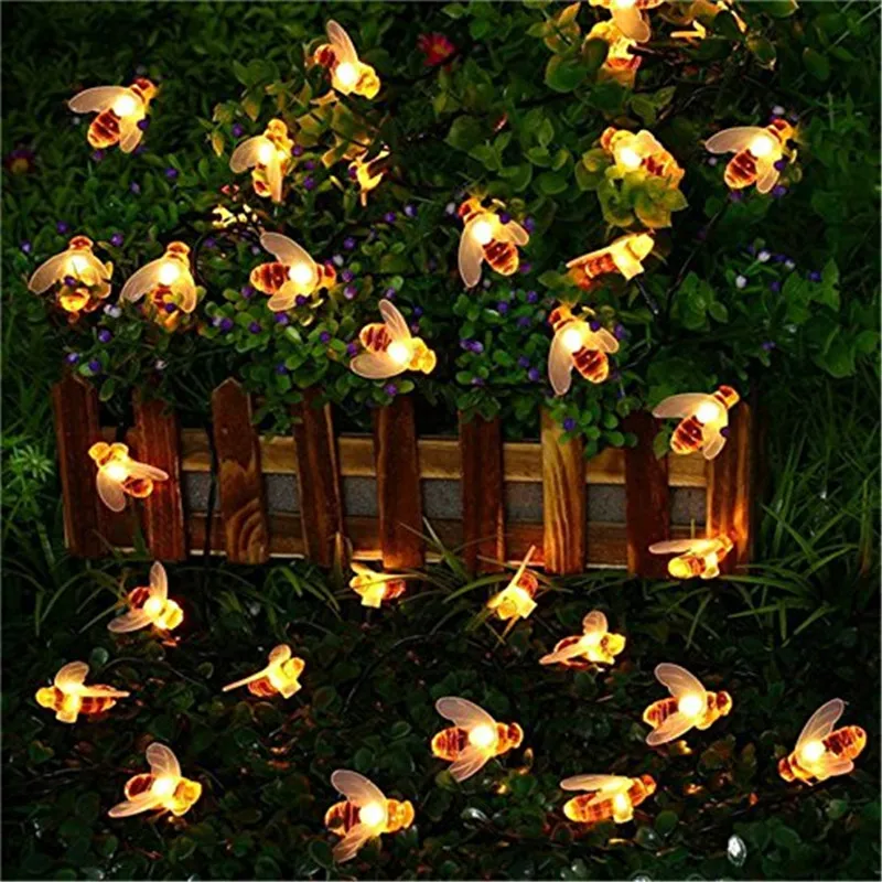 5M 20LED Cute Bee Shape Led Light String Solar Led String Fairy Lights Outdoor Bee Garden Fence Summer Decoration Light