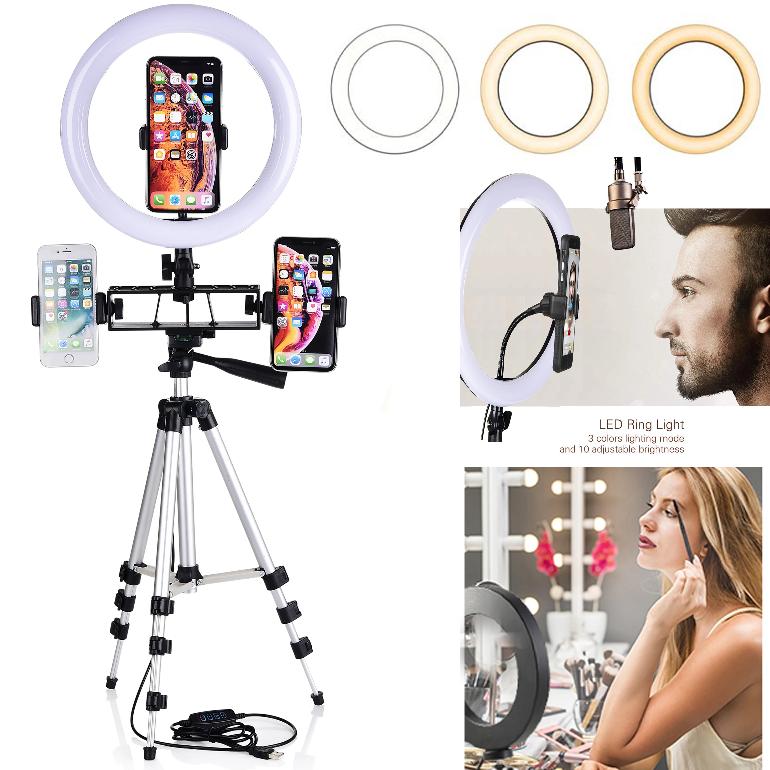 

LED Studio Camera Ring Light with Selfie Stick Tripod for Canon Nikon Phone Clip for iPhone Samsung Huawei Smartphone Video Live