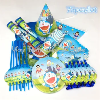 

75pcs/lot Cartoon Doraemon Theme Cat Disposable Tabelware Set Kids Baby Shower Birthday Cup Plate Party Decorations Supplies