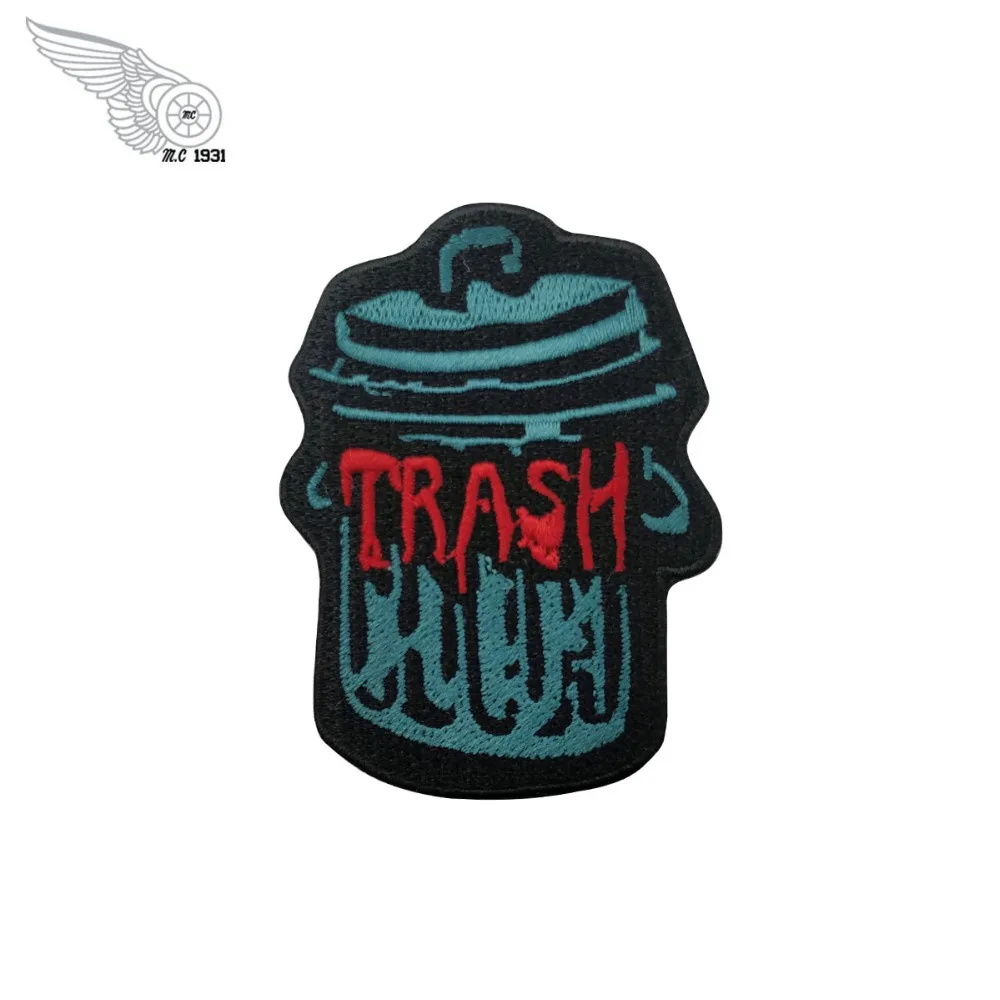 Trash patch idea design embroidery iron on biker patches for cloth cut vest back of stickers (1)