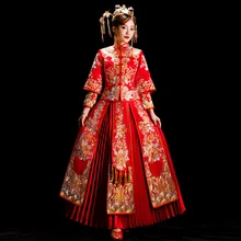 Благородный Золотой кистями женское Плиссированное свадебное платье со стразами китайская Невеста Свадебное Ципао костюм Красная вышивка цветочный Qipao