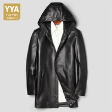 Кожаные куртки для Для мужчин модные из натуральной овечьей кожи черного цвета с длинным пальто с капюшоном теплые зимние ботинки размера плюс тонкий натуральная кожа ветровка