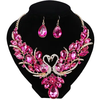 

Luxury Gold Zinc Allo Pink Crystal New Collier Femme Double Swan Statement Necklace Earring For Women Party Wedding Jewelry Sets
