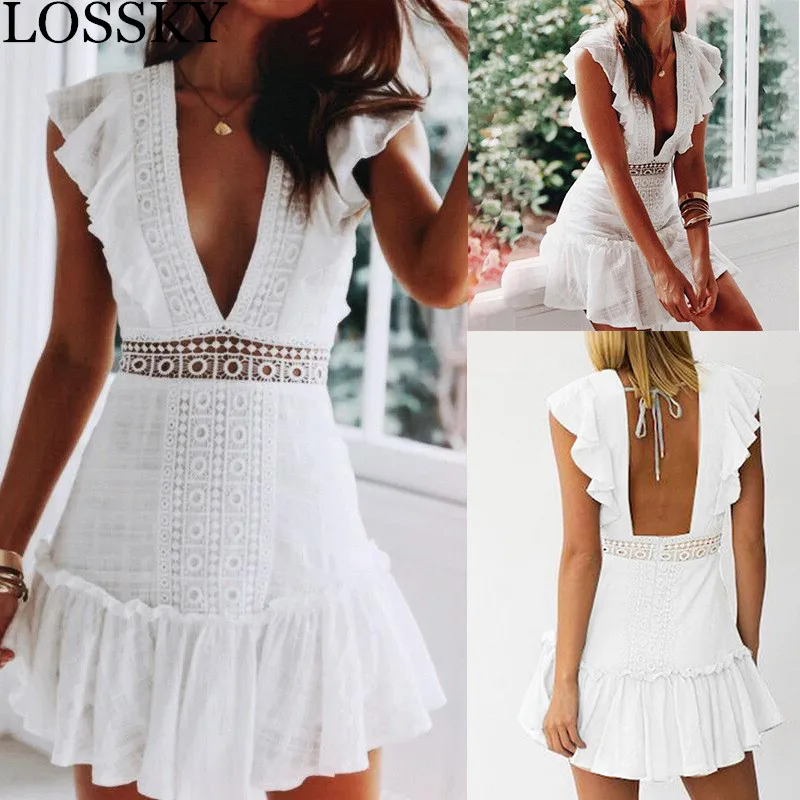 

White Lace Patchwork Summer Mini Dress Sexy Deep V Neck Sleeveless Elegant Ruffles Party Club Dress Vacation Beach Dresses Robe