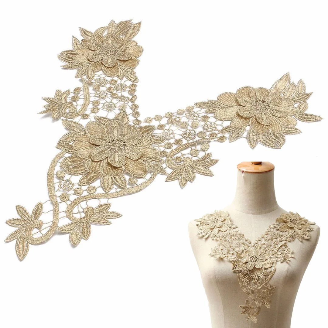 Trim Applique Floral Lace Collar Embroidery Neckline Trendy Design 26*37.5cm Gold Color