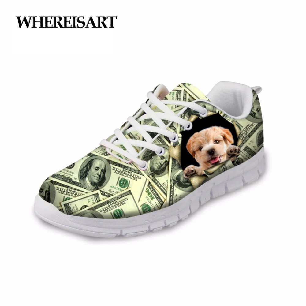 

WHEREISART 2019 New Fashion Women Spring Casual Flat Shoes Stylish Pet Dog Dollar Printed Female Lace-up Flats Sapato Feminino