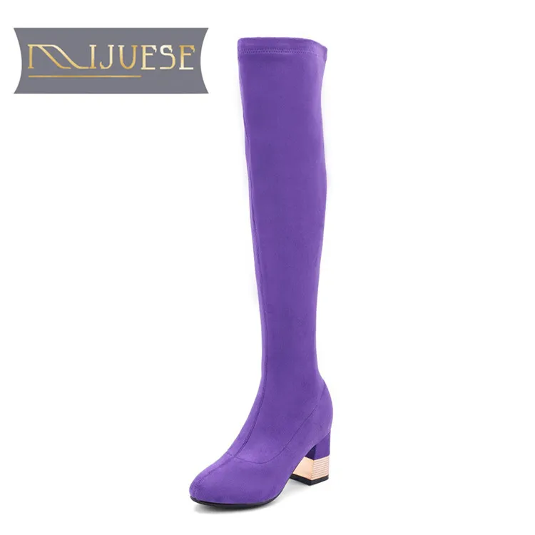 

MLJUESE 2019 women over the knee boots Korea stretch fabric purple color autumn spring diamond heel high boots women boots