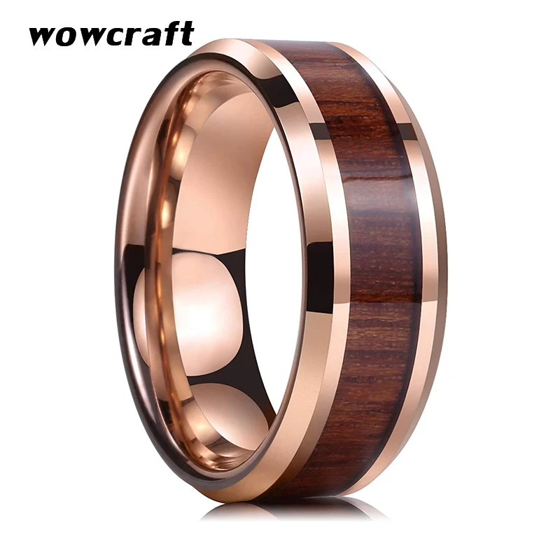 

8mm Rose Gold Nature Wood Inlay Tungsten Wedding Ring for Women Men with Beveled Edges Engagement Bands Rings