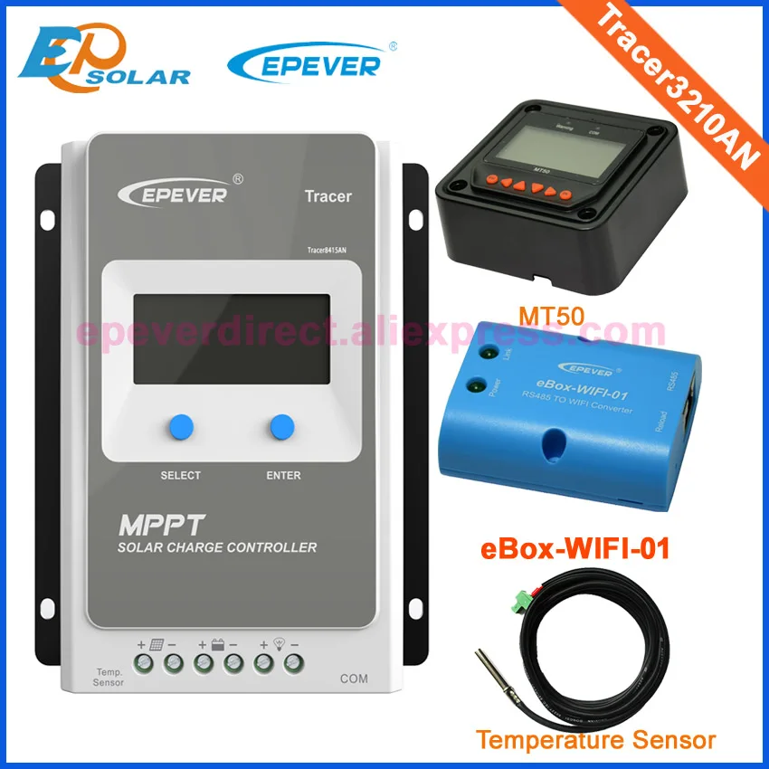 

Solar panels battery Tracer3210AN regulator wifi box eBOX-Wifi-01 temperature sensor and MT50 30A 24V MPPT EPEVER EPSoalr