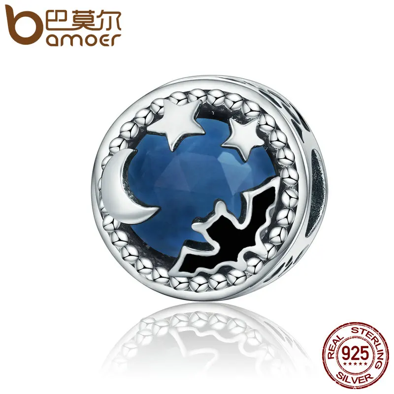 

BAMOER 925 Sterling Silver Midnight Moonlit Bat & Star Blue Crystal Charms Beads fit Bracelets & Necklaces Stone Jewelry SCC353
