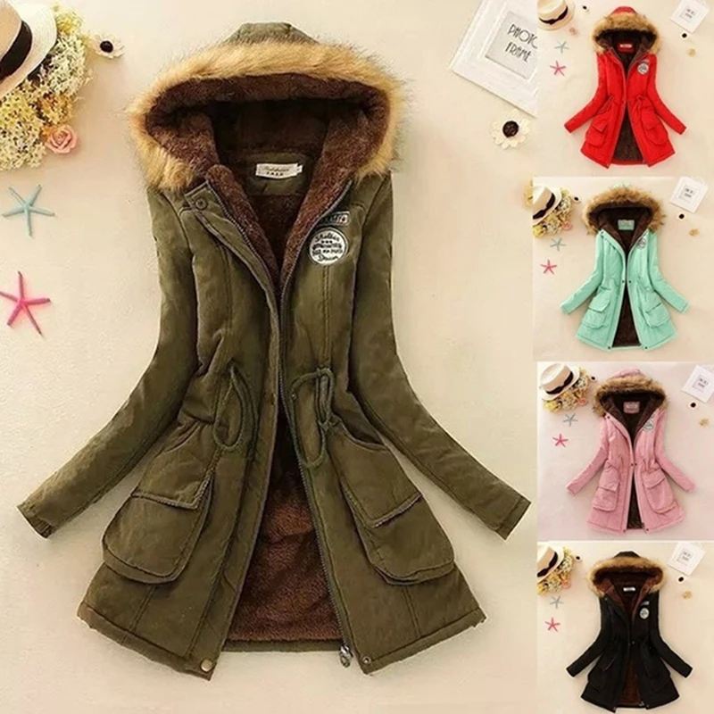 Женская осенне-зимняя куртка, парка, теплые куртки, пальто с меховым воротником, Длинные парки, худи, Офисная Женская хлопковая куртка