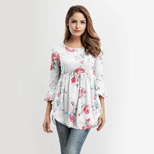 Для женщин Сладкий оборками футболка с круглым вырезом 3/4 рукава драпированные плиссированные одежда с цветочным принтом длинная футболка женская Повседневное Топы Blusas