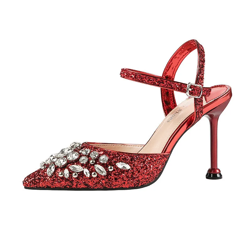 

2019 spring and autumn new sexy shallow mouth sequins stiletto pointed high heel women's shoes red 0510