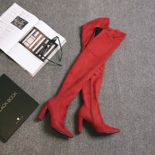 ZawsThia осенне-зимние эластичные t высокие сапоги обувь на высоком каблуке для женщин Женские Сапоги выше колена - Цвет: Красный