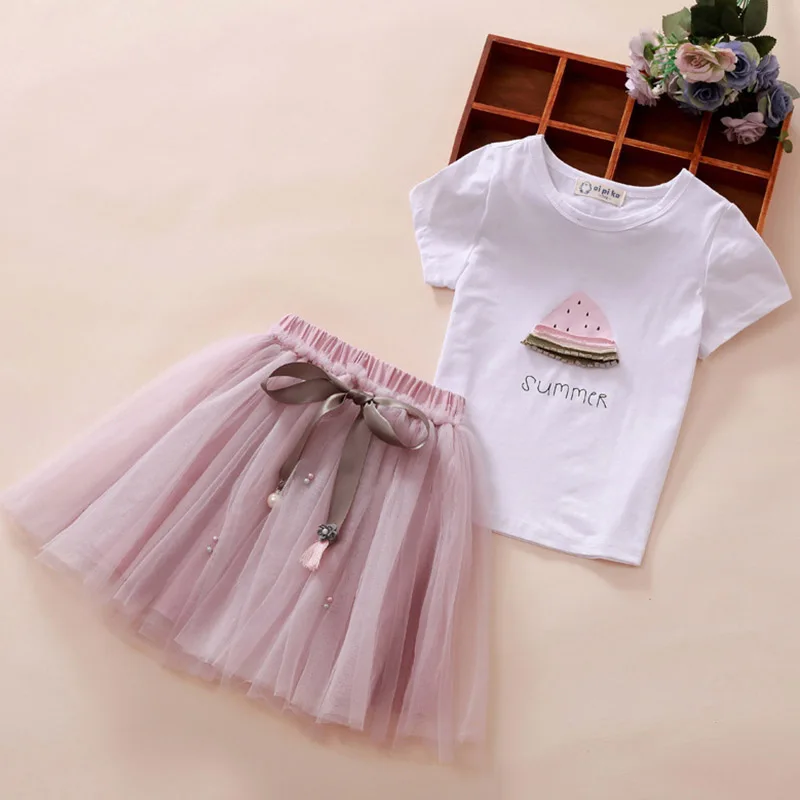 

New 2018 Children's Girls Kids Summer Korean Clothes Cotton T-shirt + Tutu Skirts Two piece Set Suit For Girls Clothing Sets 40