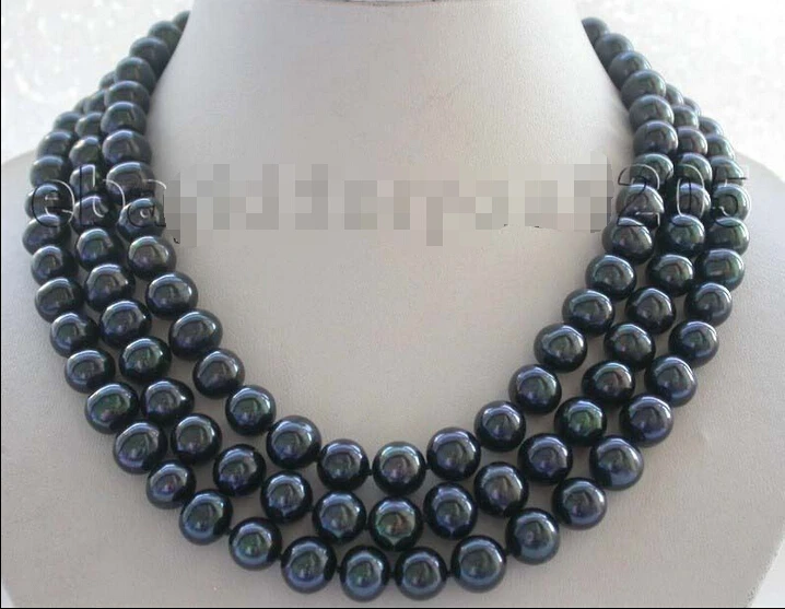 

>>>>>17-18-19" 3rows Genuine Natural 11mm Black Round Pearl Necklace #f1536!