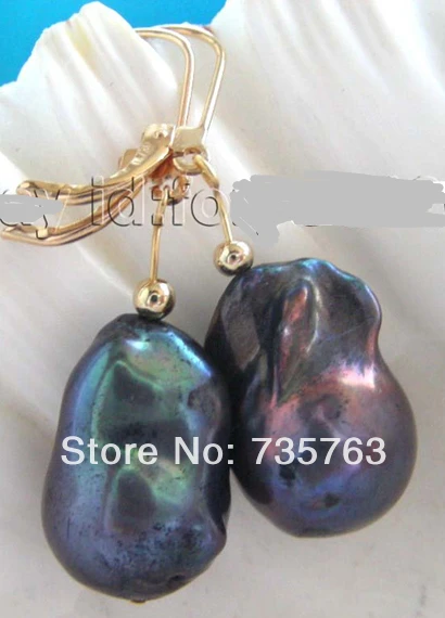 

xiuli 00152 Natural 20mm Black Reborn Keshi Pearl Earrings 14KGP/20