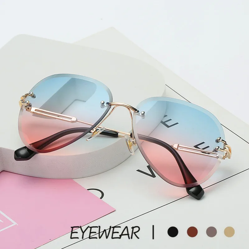 Металлические солнцезащитные очки без оправы для женщин, фирменный дизайн, солнцезащитные очки с градиентными линзами, женские очки для вождения, UV400