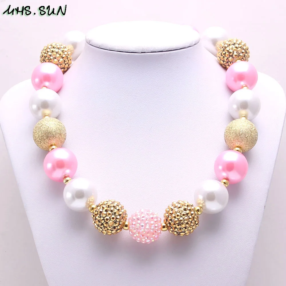 BN591-1 (3),$5.85-1PC.1PC Cute Baby Kids Chunky Beaded Necklace Pink&Gold&White Bubblegum Beads Necklace Handmade Chains Jewelry For ChildrenJPG