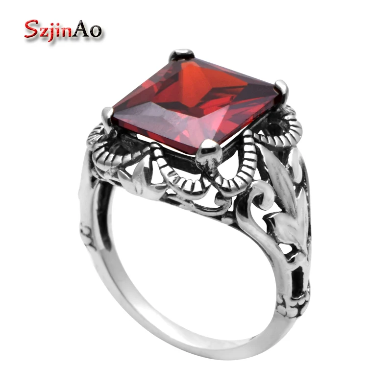 

Szjinao real 3.2ct garnet 925 sterling silver rings for women anillos silver 925 jewelry vintage style christmas party gift