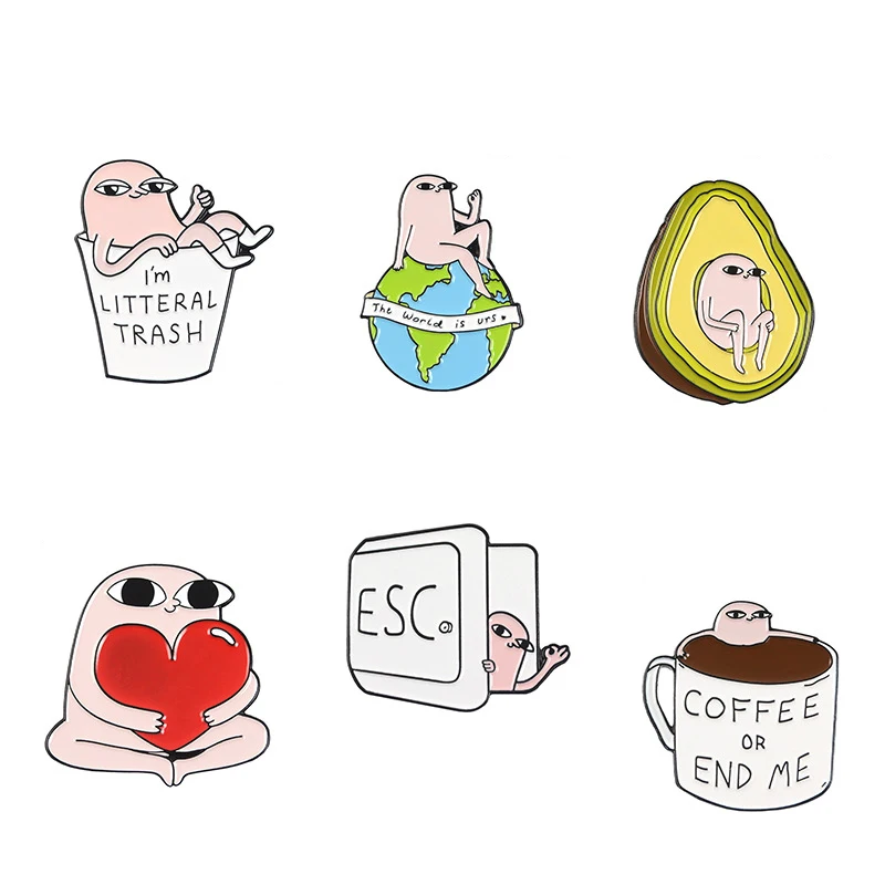 

Humorous Funny Pink Man Metal Enamel Brooch ESC Earth Litteral TRASH Avocado Coffee Badge Pin Trendy Costume Jewelry Gift