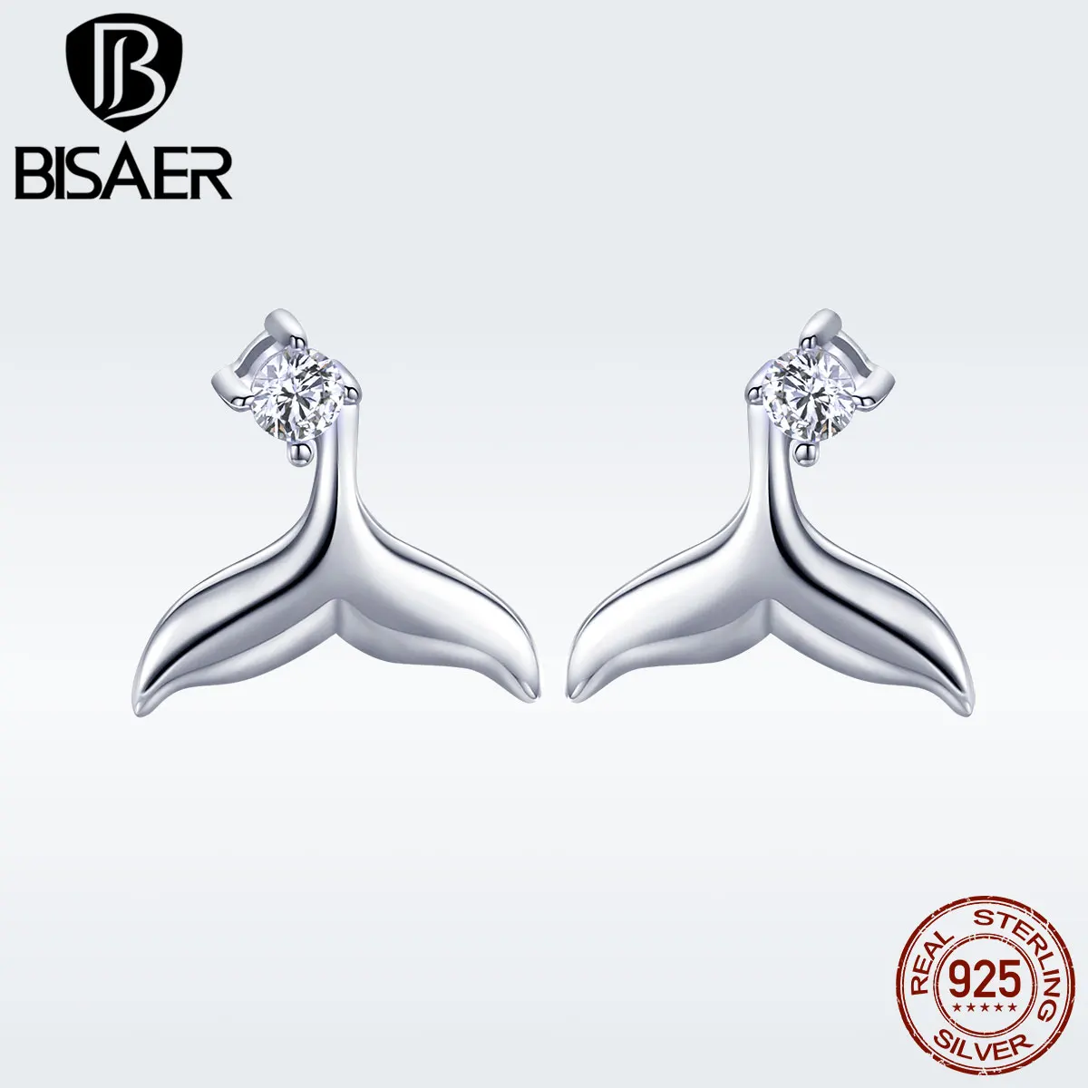 

BISAER 925 Sterling Silver Clear Cubic Zirconia Fishtail Mermaid Stud Earrings for Women Argent Fashion Jewelry Brincos GAE059