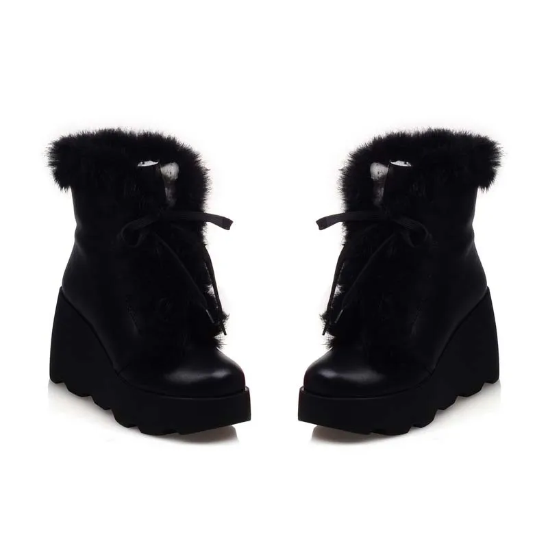 ENMAYLA/размеры 34-39, женские ботинки на высоком каблуке Зимние ботильоны на танкетке со шнуровкой модные теплые зимние ботинки на меху с круглым носком на плоской подошве распродажа - Цвет: Черный