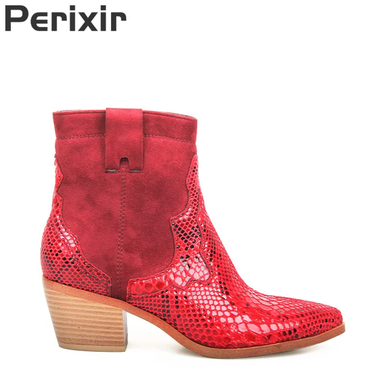 

Perixir New Spring/Autumn Women Boots Ankle Boots Luxury Red Snakeskin Chelsea Boots Sexy Pointed Toe for Women Square heel