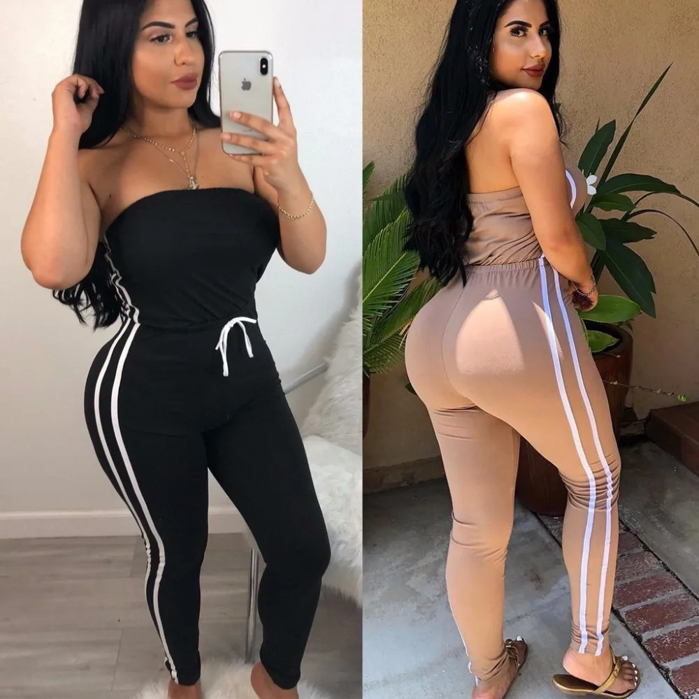 

Striped Side Spliced High Waist Skinny Long Jumpsuits 2018 Hot Sale Lady Strapless Sleeveless Drawstring Bodycon Rompers O6103