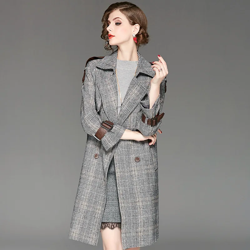 Automne Tranchée D'hiver Plaid Manteau Survêtement Gris De Boutonnage Mode Laine Vintage Mélangée 2018 Femmes Double Long FYxqdFa