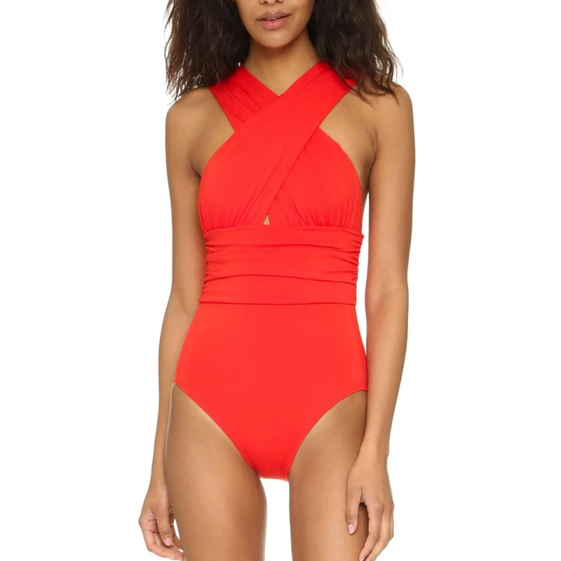Женский Цельный купальник с перекрестной повязкой и открытой спиной, треугольник, купальный костюм, горячая Feb-15 - Цвет: R