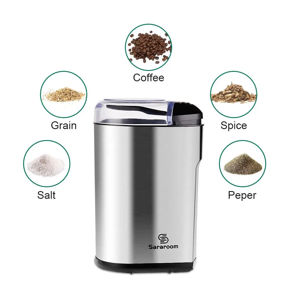 

Electric Coffee Grinder, Sararoom Coffee Bean and Spice Grinder Mill 110V Low Noise Motor with Stainless Steel Body and Blades f