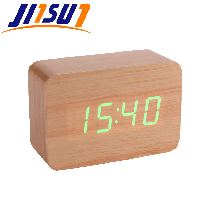 JINSUN современный сенсор древесины часы со светодиодным дисплеем бамбуковые часы цифровой будильник показать темп время голос управление Wekker KSW102-C-BB-GN - Цвет: Bamboo green