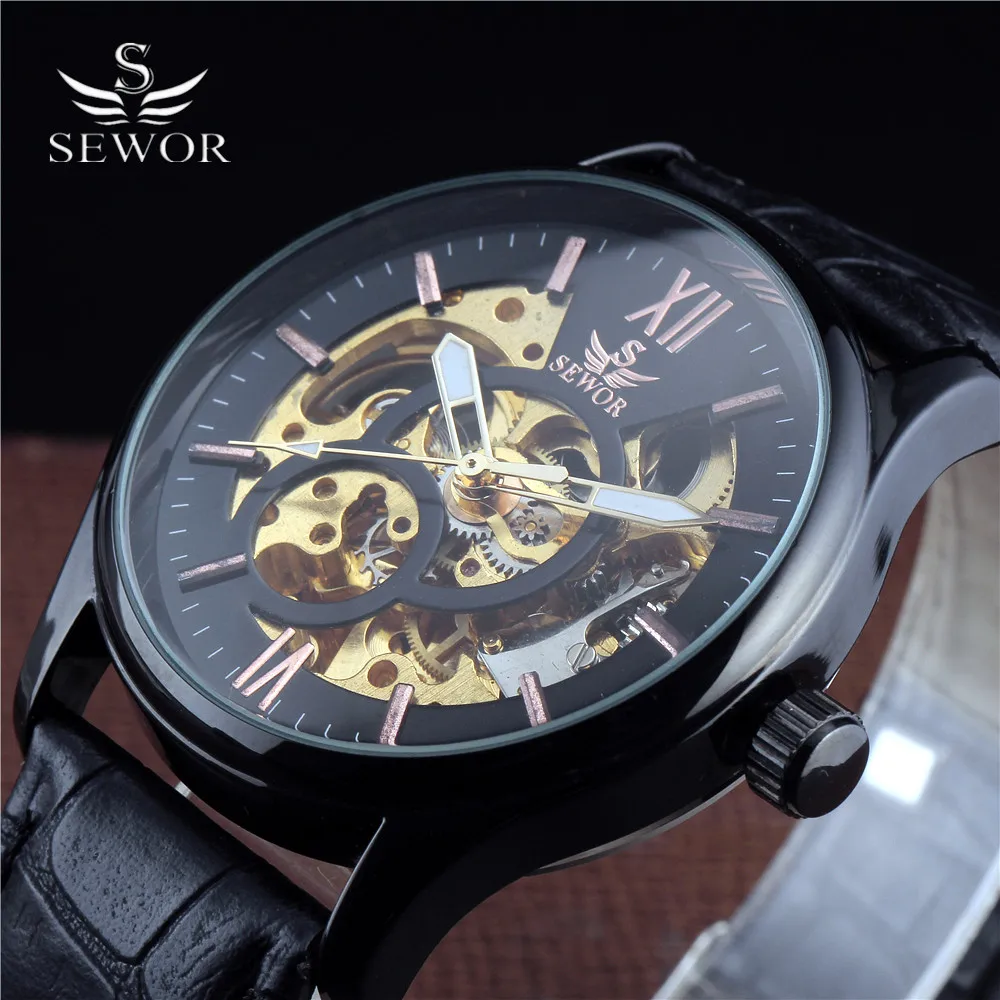 

SEWOR Brand Fashion Male Mechanical Watch Steel Case Fine Carving Skeleton Gold Automatic Movement Leather Strap Men Wristwatch