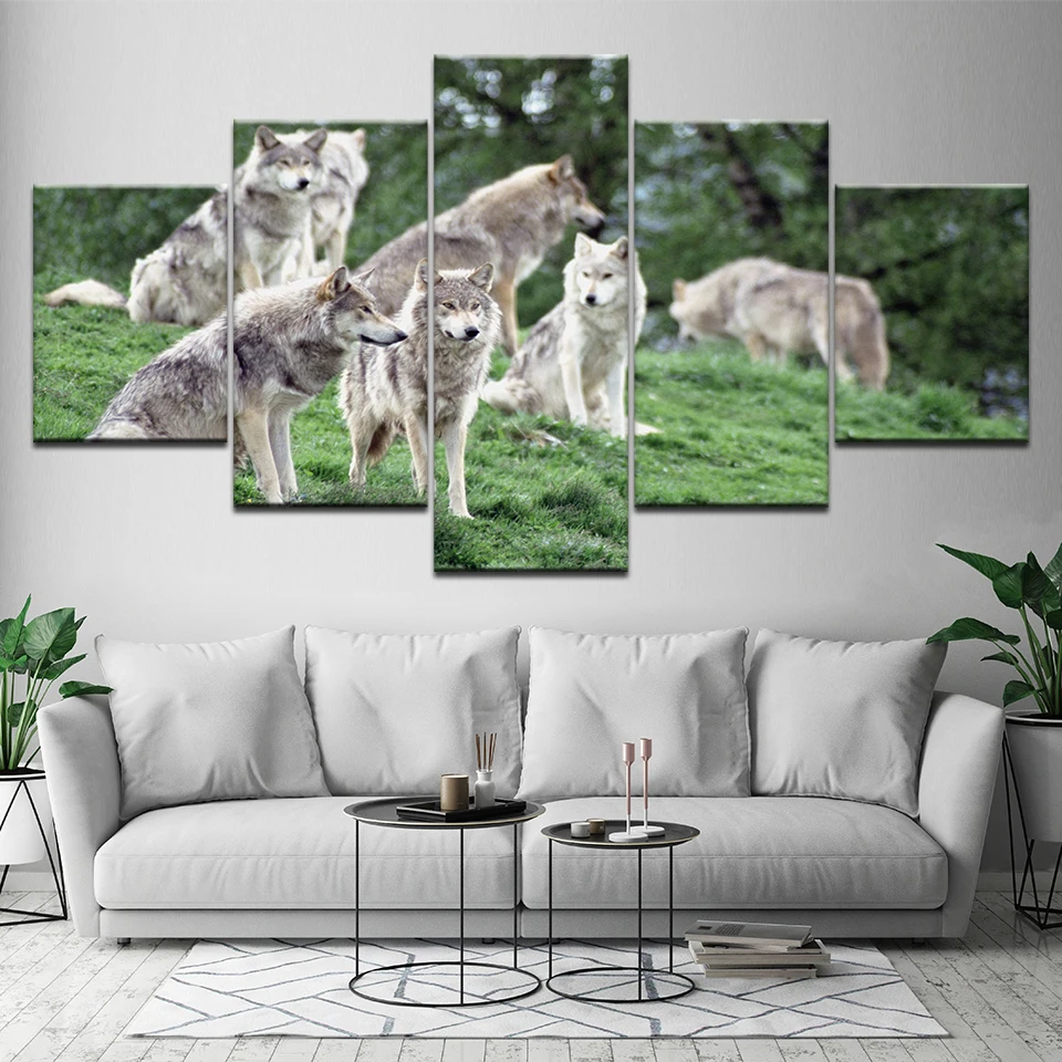 5 Pcs/Set Large Animals Three Lazy Wolves Canvas Print Painting Framed