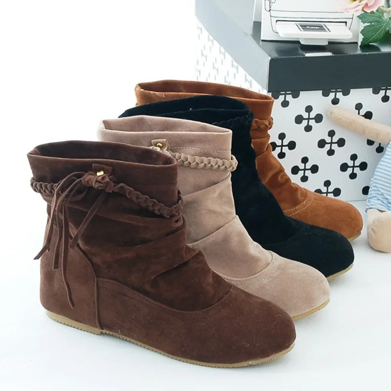 

Ladies Big size 34-44 Weaving Knot Flock Round Toe Riding Boots Height Increasing Botas Women Wedges Ankle Bootie Winter Pumps
