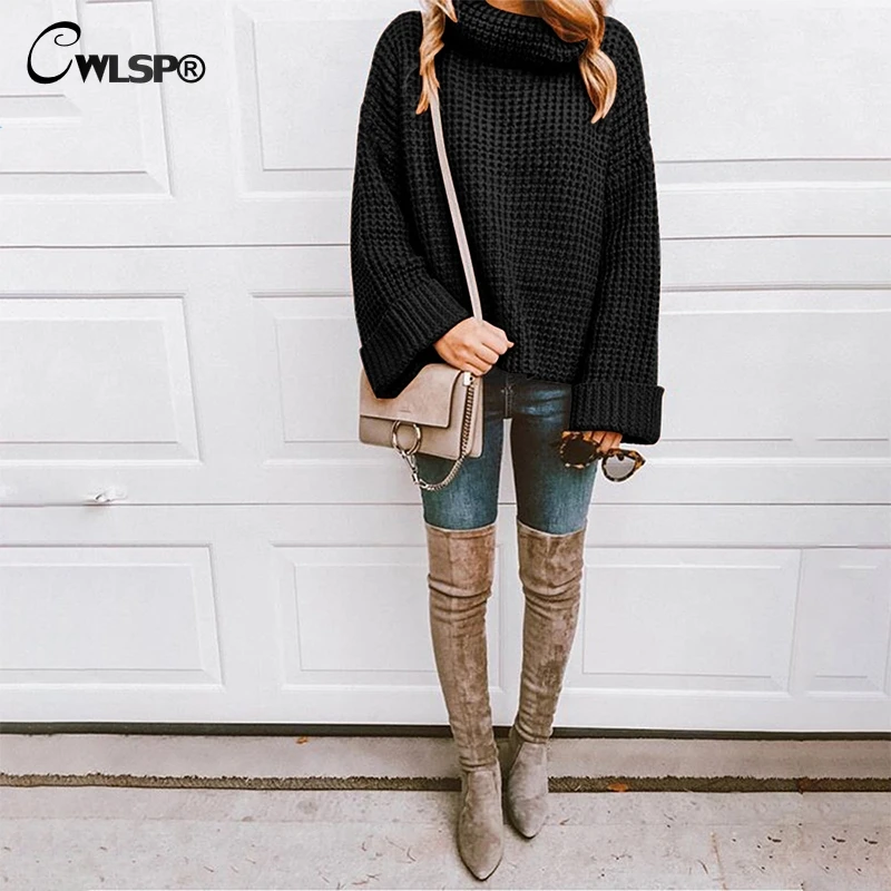 CWLSP 2018 Autumn Winter Turtleneck Loose Sweater For Women Casual Pull Femme Tops Female Clothing Korean Fashion QZ3148