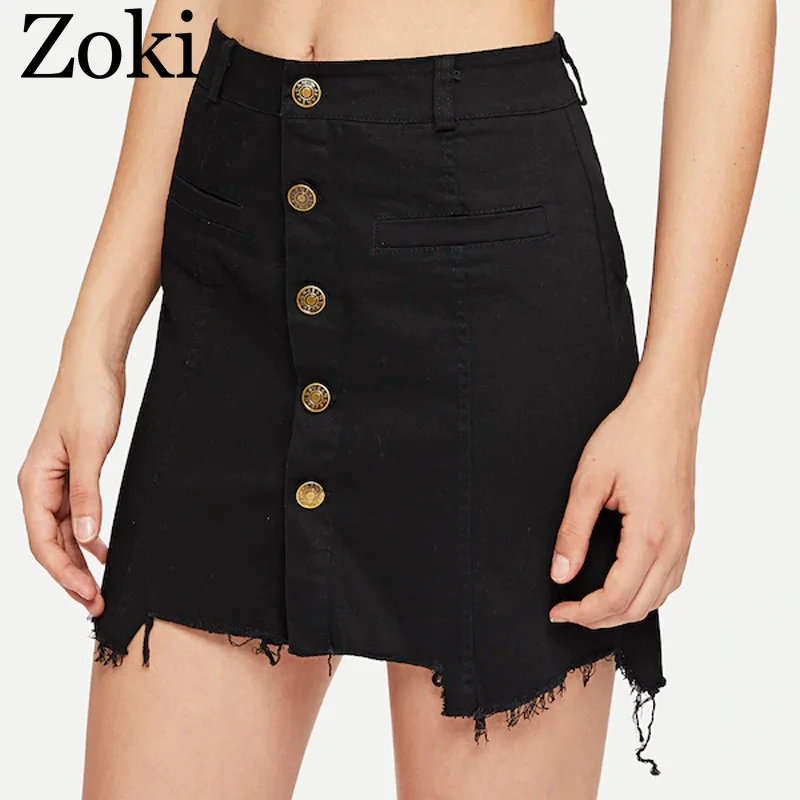 

Zoki Sexy Women Denim Mini Skirt Summer High Waist Tassel Single Button Black Jeans Skirt Harajuku Fashion Faldas Street Wear