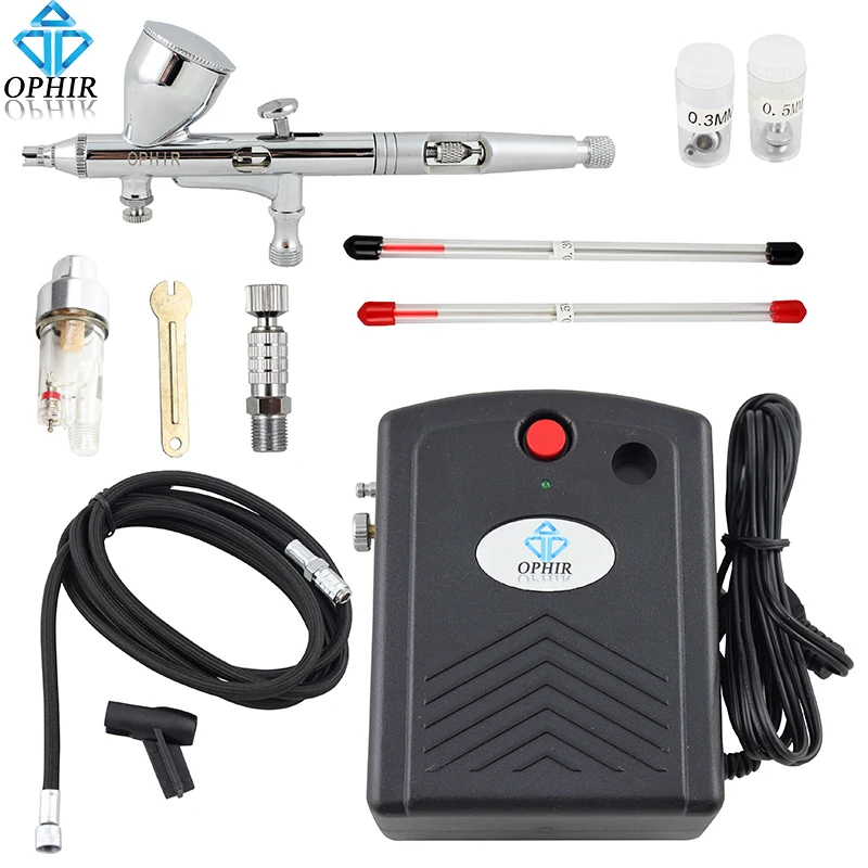 OPHIR Complete Temporary Tattoo Airbrush Set Compressor 100V-240V 3 Tips Dual-Action Airbrush Kit for Nail Art#AC034+AC070+AC011