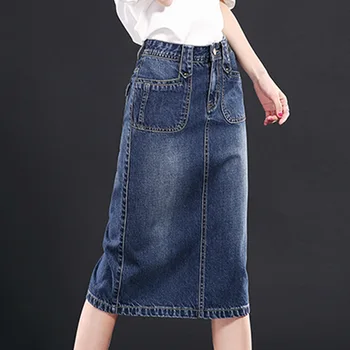 

Spring Fashion Womens Placket Pockets Knee Length Denim Skirt XXXL Fall Summer Casual Female Woman Slim Pencil Jeans Skirts