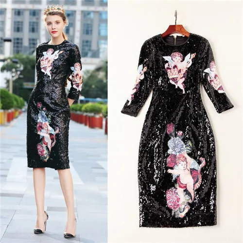 

New Fashion 2018 autumn Brand Sequins Black Slim Dress Luxurious Baby Printed Knee Length Women Dresses Three quarter Sleeves XL