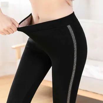 NORMOV Autumn Winter Cotton Velvet Leggings Women High Waist Side Stripes Sporting Fitness Leggings Pants Warm Thick Leggings pearl detail velvet leggings