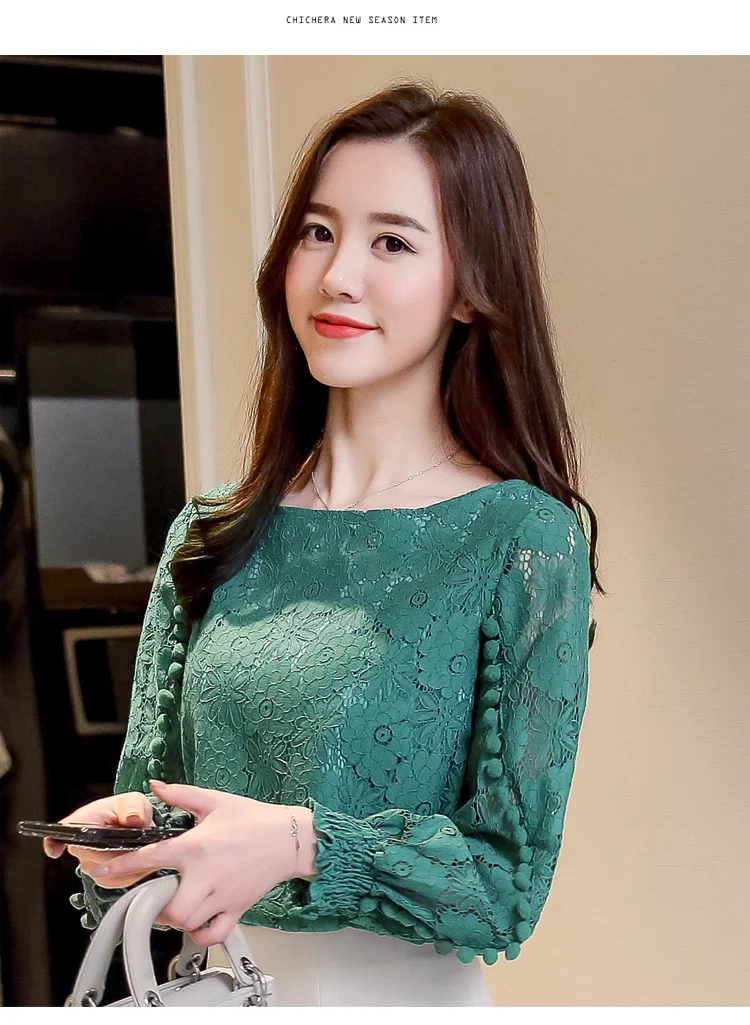 Для женщин белая кружевная блузка Новинка весны корейский цветочный принт выдалбливают с длинным рукавом Круглый средства ухода за кож