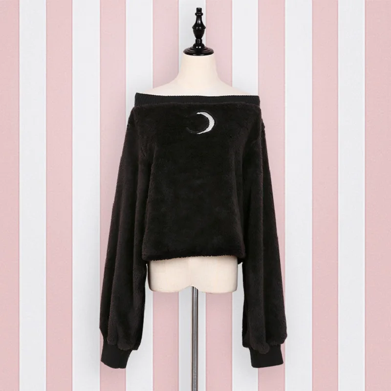 

Harajuku Pullover Moon Hollow Out Embroidery Thick Fluffy Punk Sexy Women Short Sweatshirts Off Shoulder Loose Top Long Sleeve