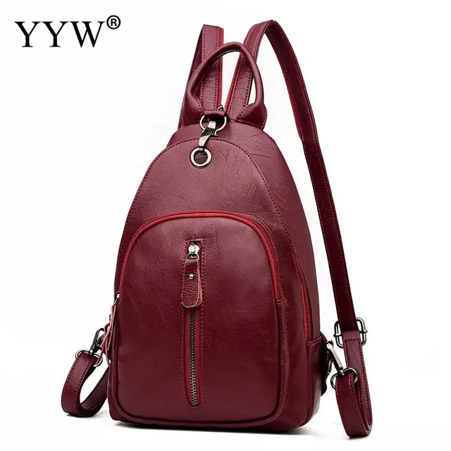 Burgundy PU Leather Backpack Vintage Multifunctional Bag Fashion School