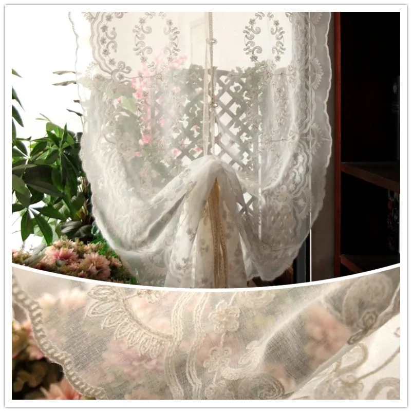 Embroidery Gauze Balloon Curtain Bedroom Linen Roman Curtain Valance Decor Beige 