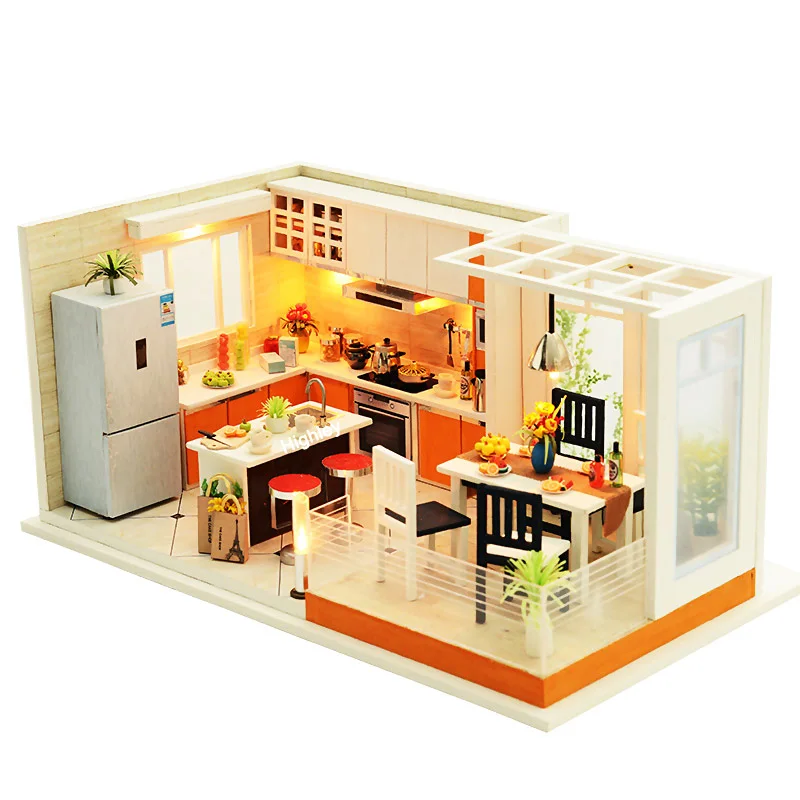 Мебель кукольный дом деревянный миниатюрный DIY кукольный домик набор мебели собрать С Пылезащитным покрытием Куклы Домашние игрушки для Рождественский подарок - Цвет: Modern kitchen