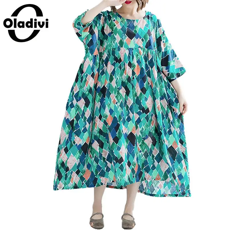 

Oladivi Oversized Dress for Women Fashion Print Cotton Linen Dress Lady Plus Size Bohemian Maxi Long Dresses Tunic Vestidios 8XL