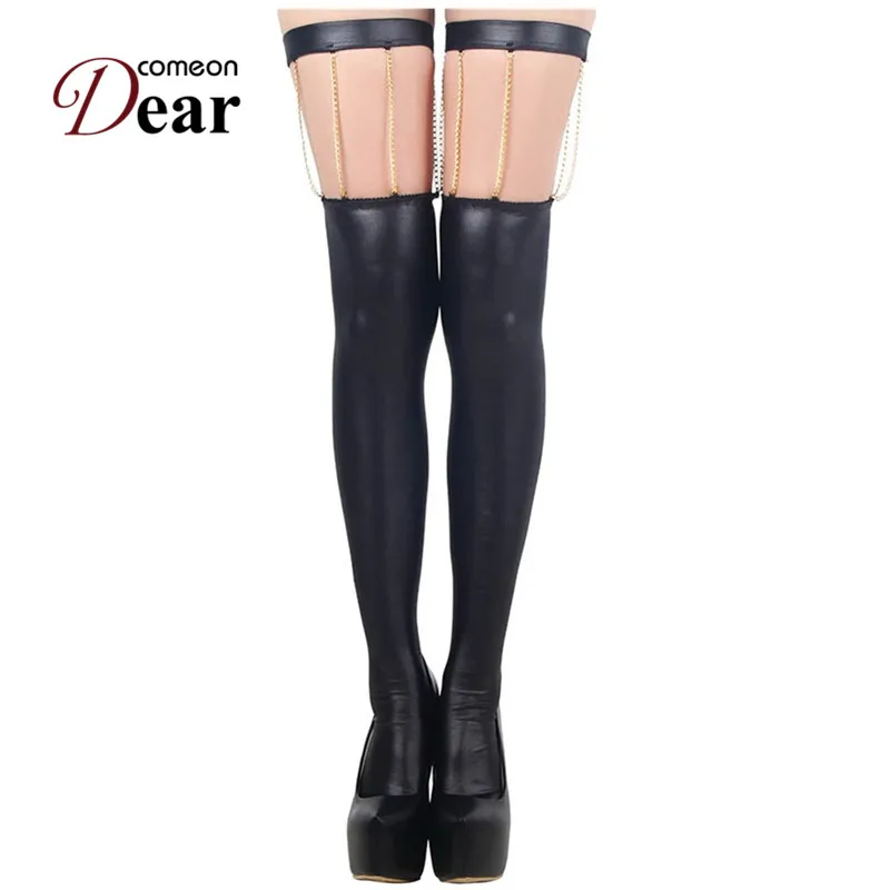 Comeondear New Arrival Fashion Leather Long Socks Black Unique Design Sexy Socks See Through Bodysuit RB80057 Thigh High Socks