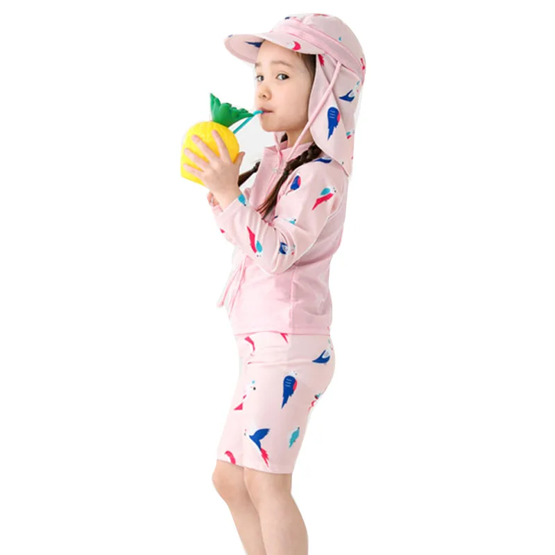 Baby Kids Girl Clothes Kids Pink Parrot Summer Swimwear Tops+Shorts Set SwimSuit Bathing Beach Clothing Hat Long Sleeve